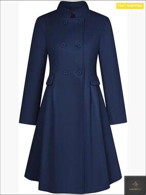 Wool Blend Swing Trench Coat Double Breasted Pea Coat Elegant Classic